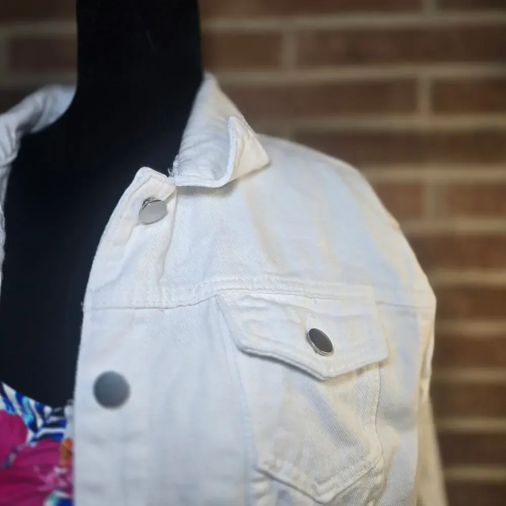 Women's White Denim Jacket Classic Trucker Jean Jacket Cotton Blend Size L
